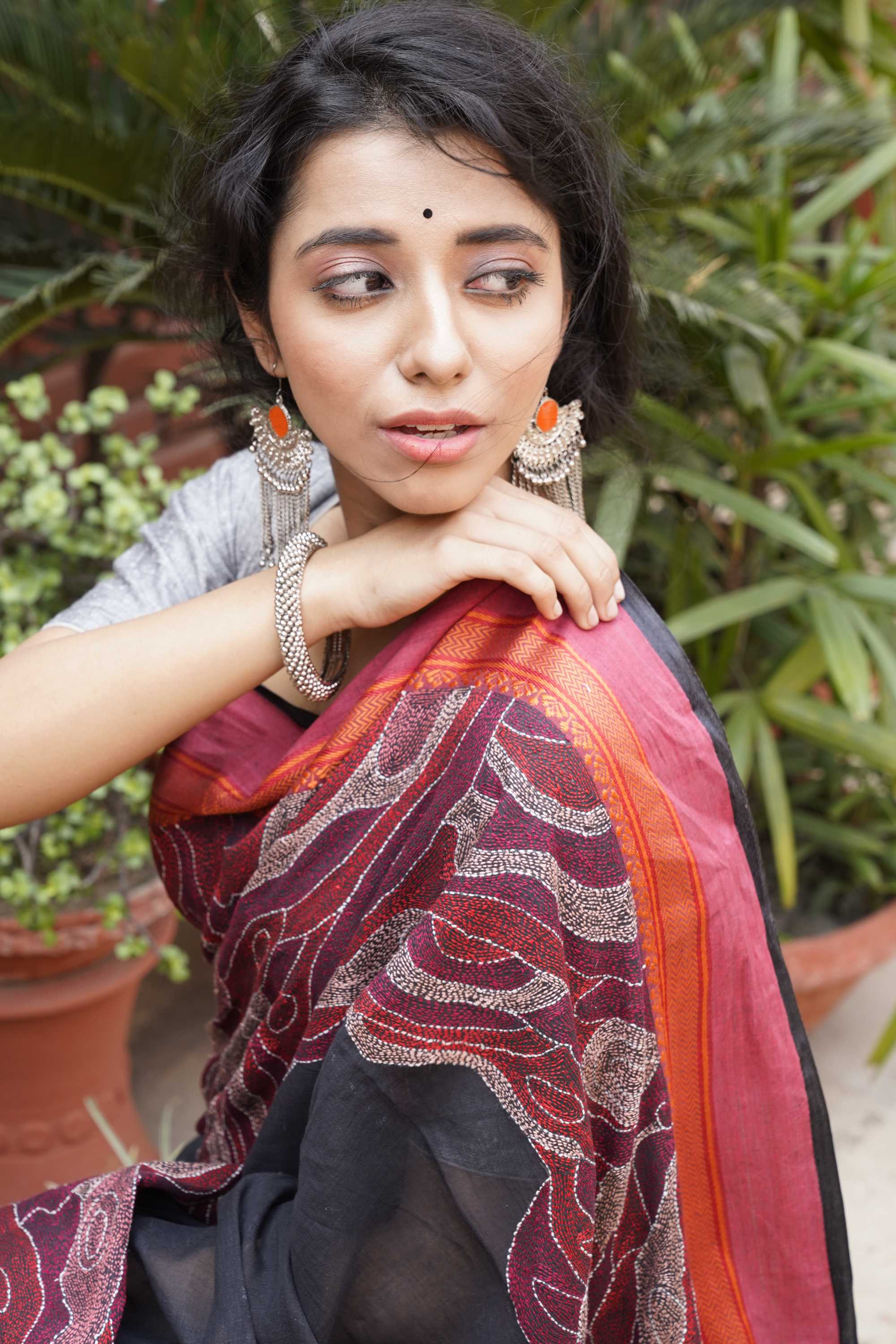 Handwoven black cotton saree with kantha work