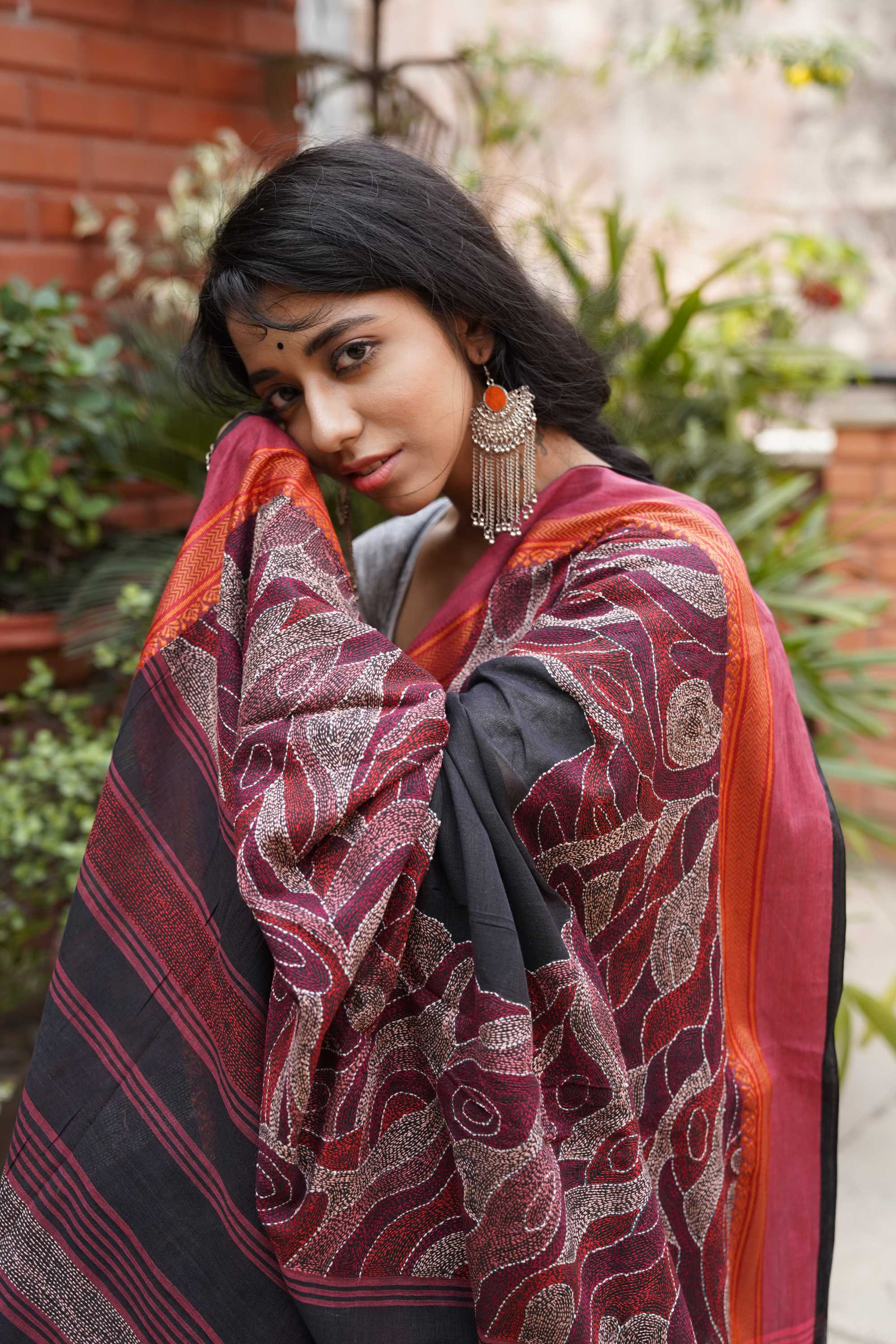 Handwoven Black Cotton Saree With Kantha Work
