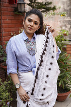 Handwoven White Cotton Saree With Chikan Work
