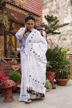 Handwoven white cotton saree with chikan work