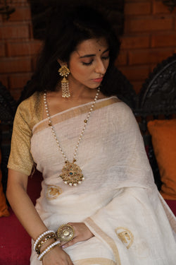 Handwoven White Linen Saree