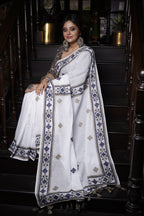 Handwoven White Cotton Saree With Kantha Work