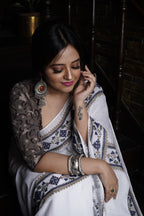 Handwoven White Cotton Saree With Kantha Work