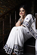 Handwoven White Cotton Saree With Kantha Work