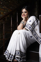 Handwoven White Cotton Saree With Kantha Work