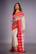 Handwoven white cotton saree with multicolor Kantha work