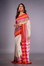 Handwoven white cotton saree with multicolor Kantha work
