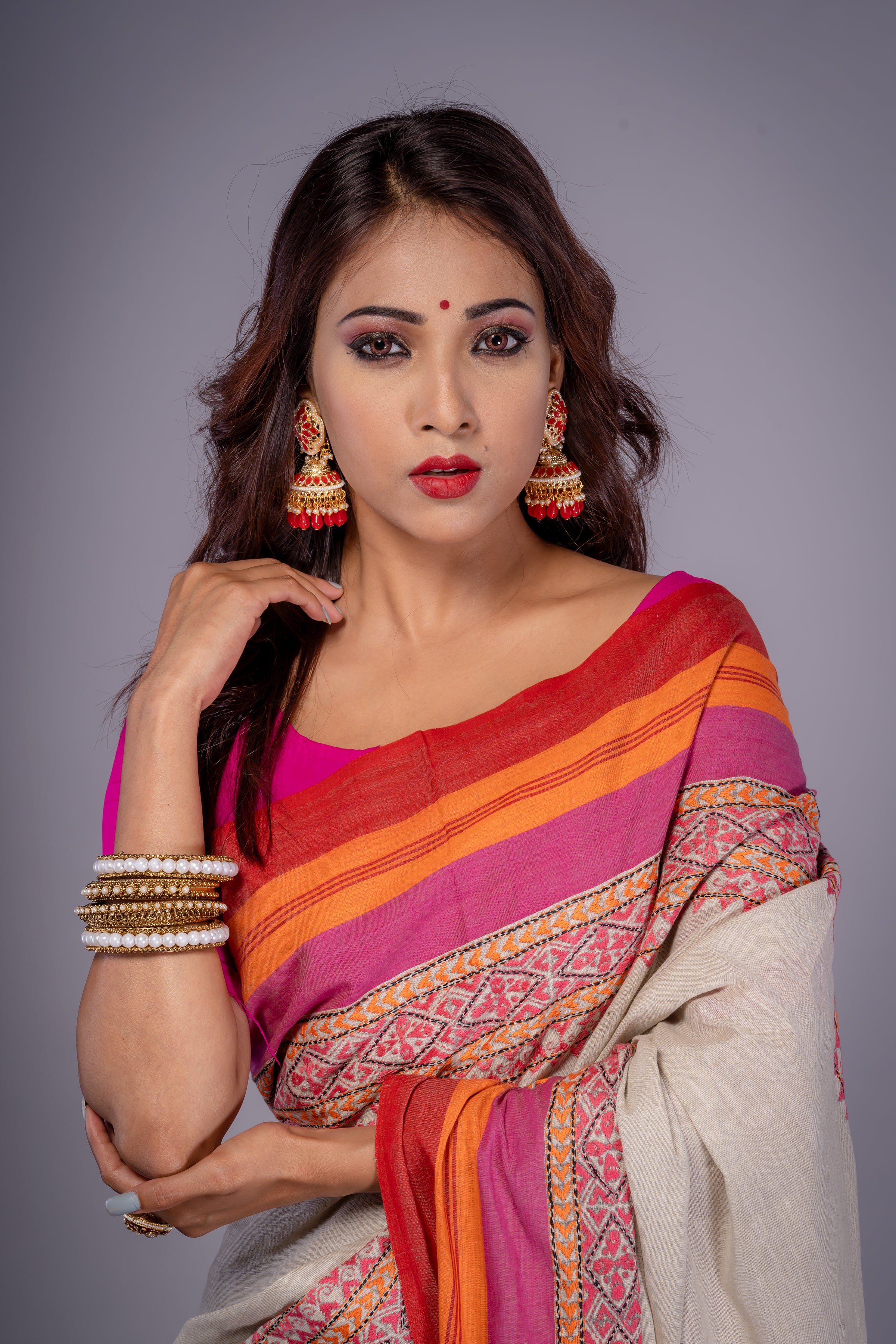 Handwoven White Cotton With Multi Color Kantha Work