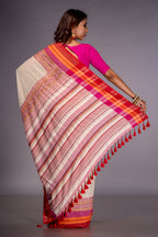 Handwoven White Cotton With Multi Color Kantha Work