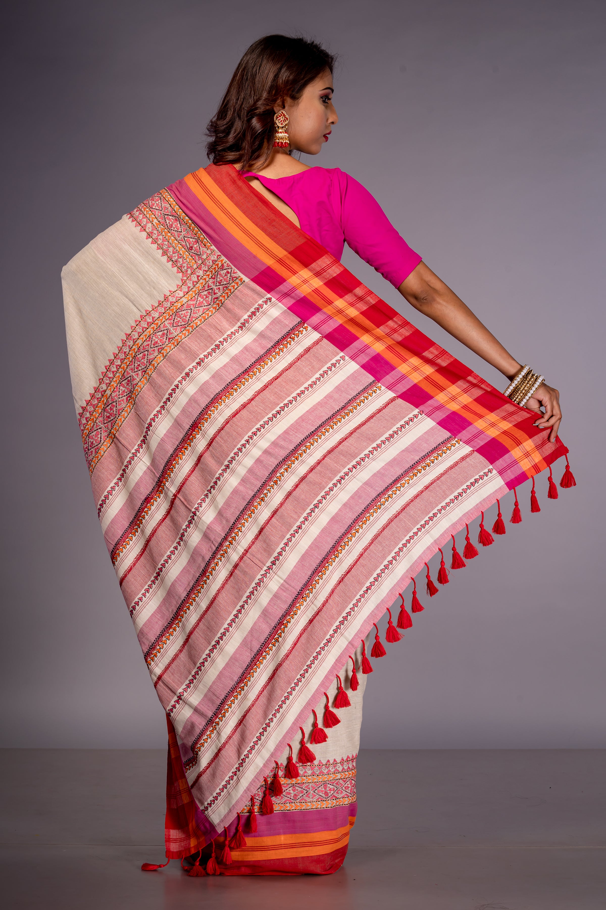 Handwoven White Cotton With Multi Color Kantha Work
