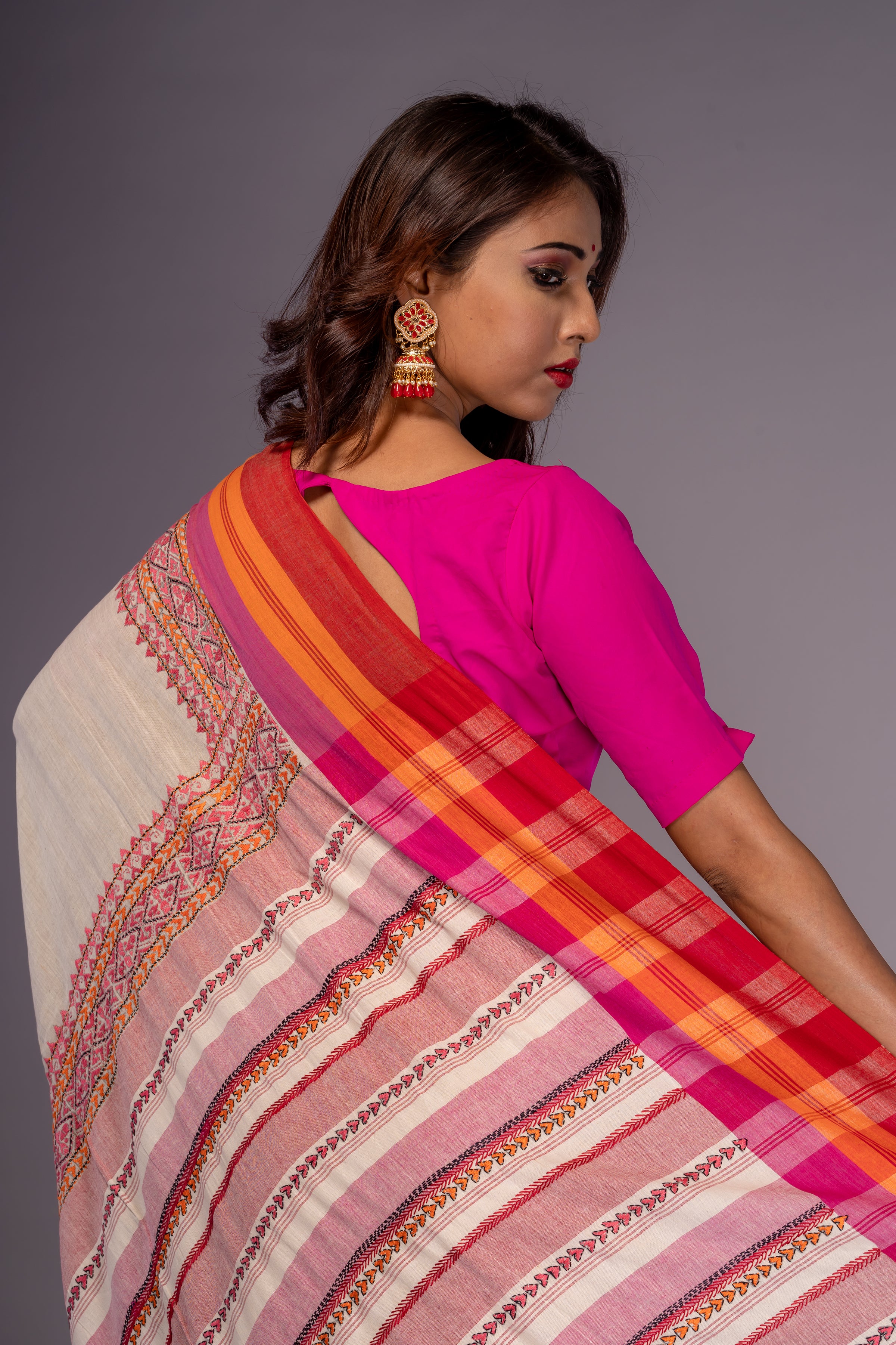 Handwoven White Cotton With Multi Color Kantha Work