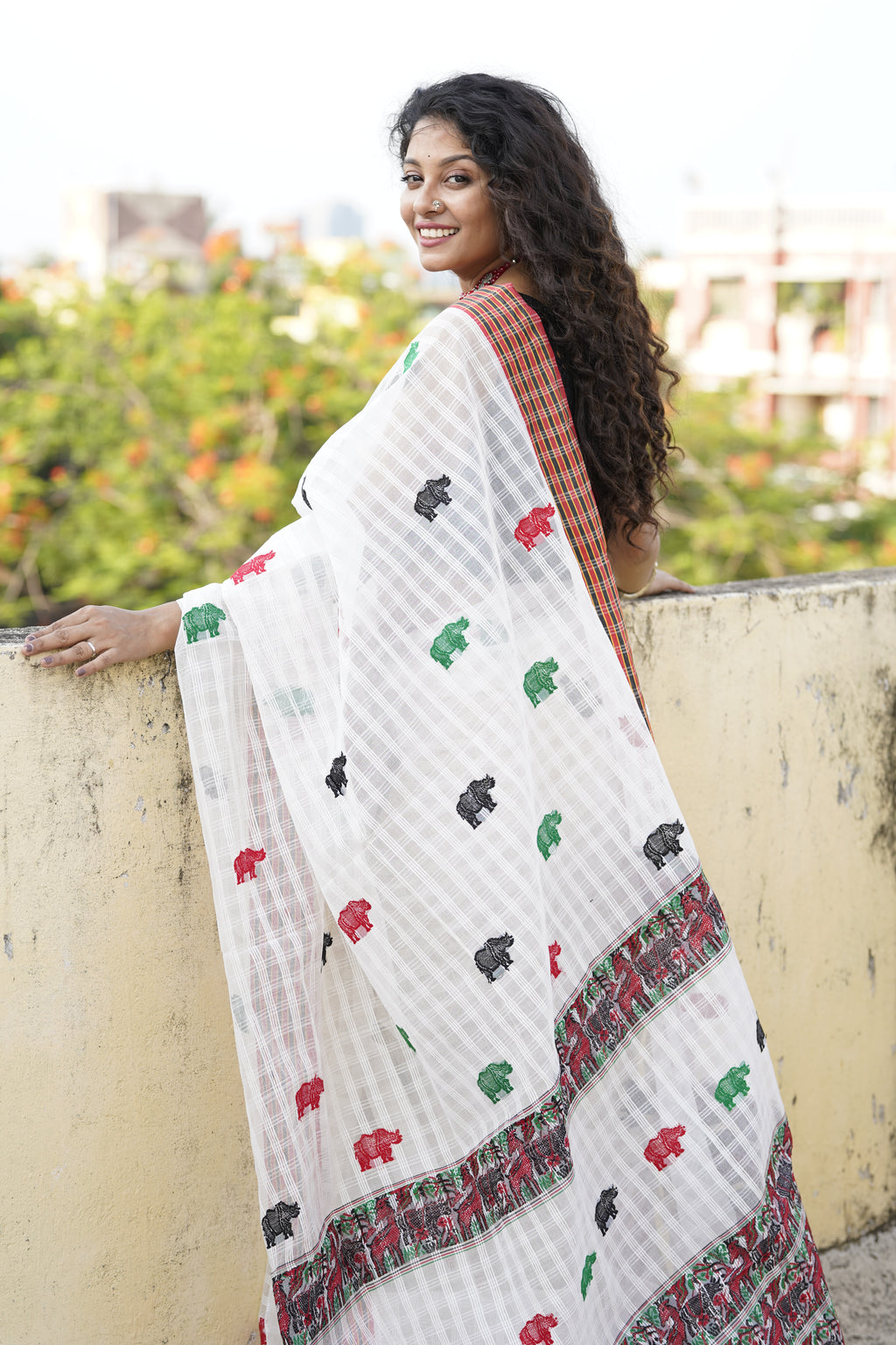 Handwoven White Assam Kaziranga Saree