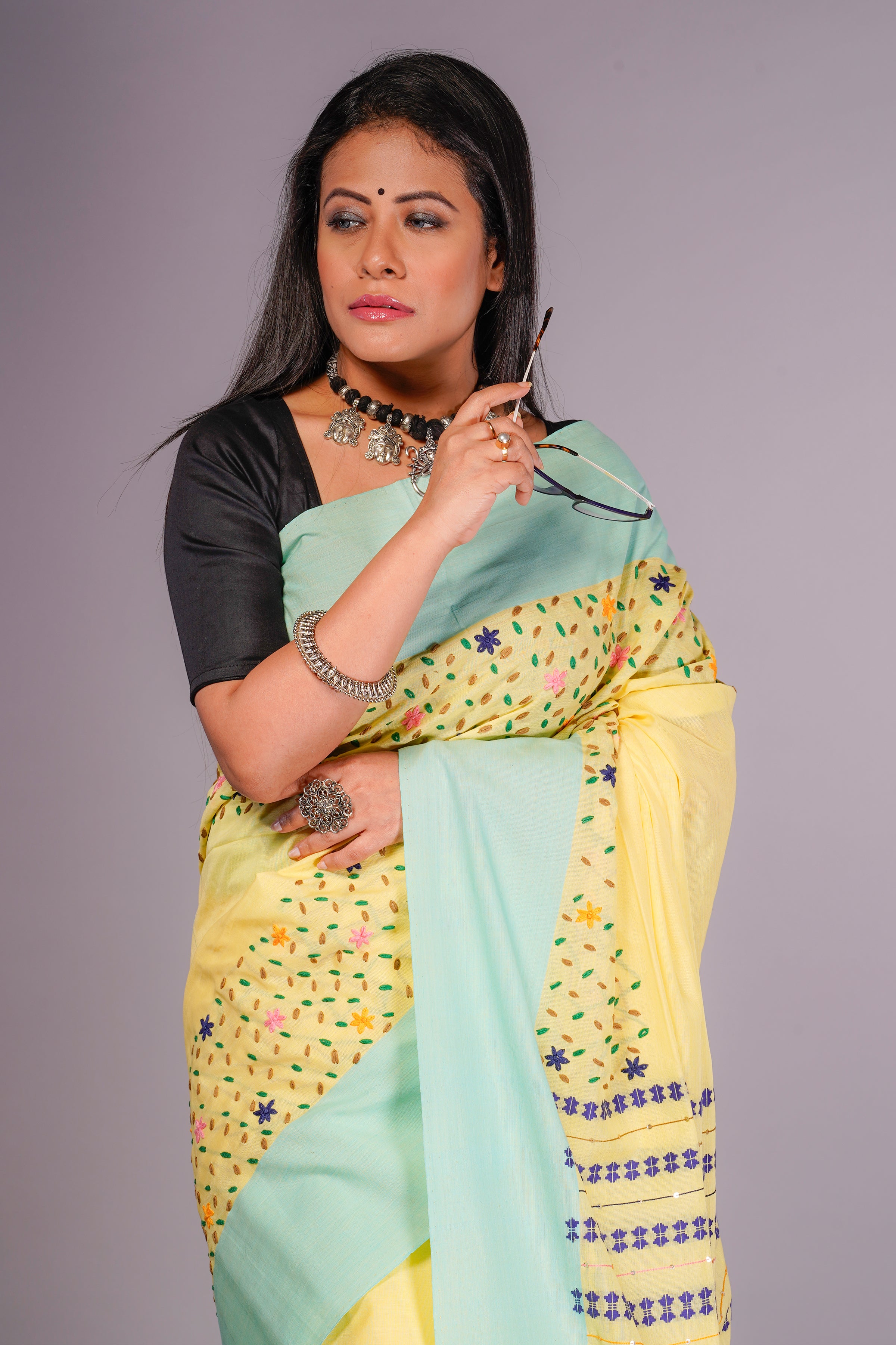 Handwoven Yellow Cotton Saree With Kantha Work