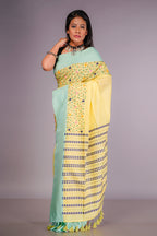 Handwoven Yellow Cotton Saree With Kantha Work