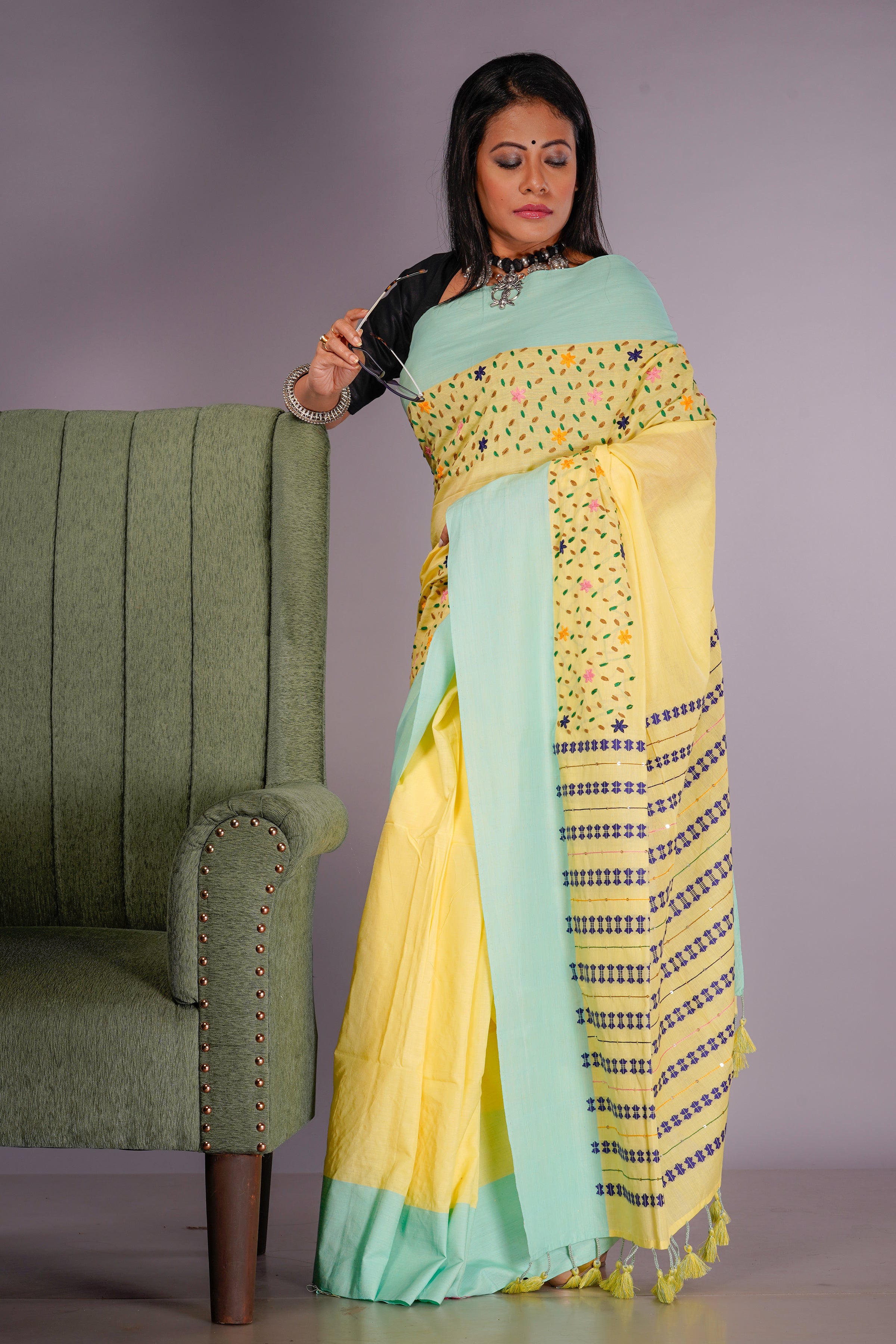 Handwoven yellow cotton saree with kantha work