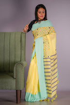 Handwoven yellow cotton saree with Kantha work