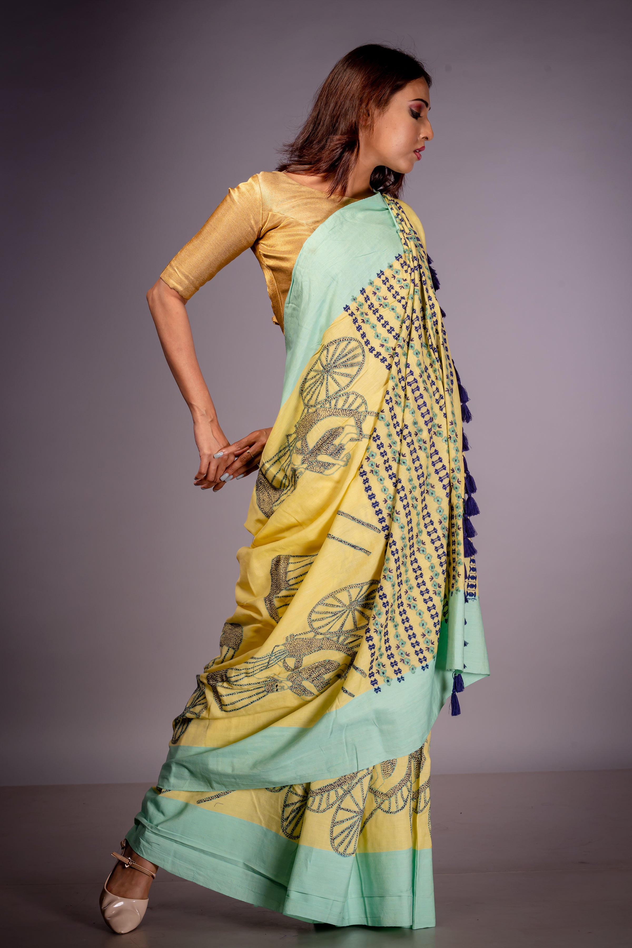 Handwoven yellow cotton saree with kantha work