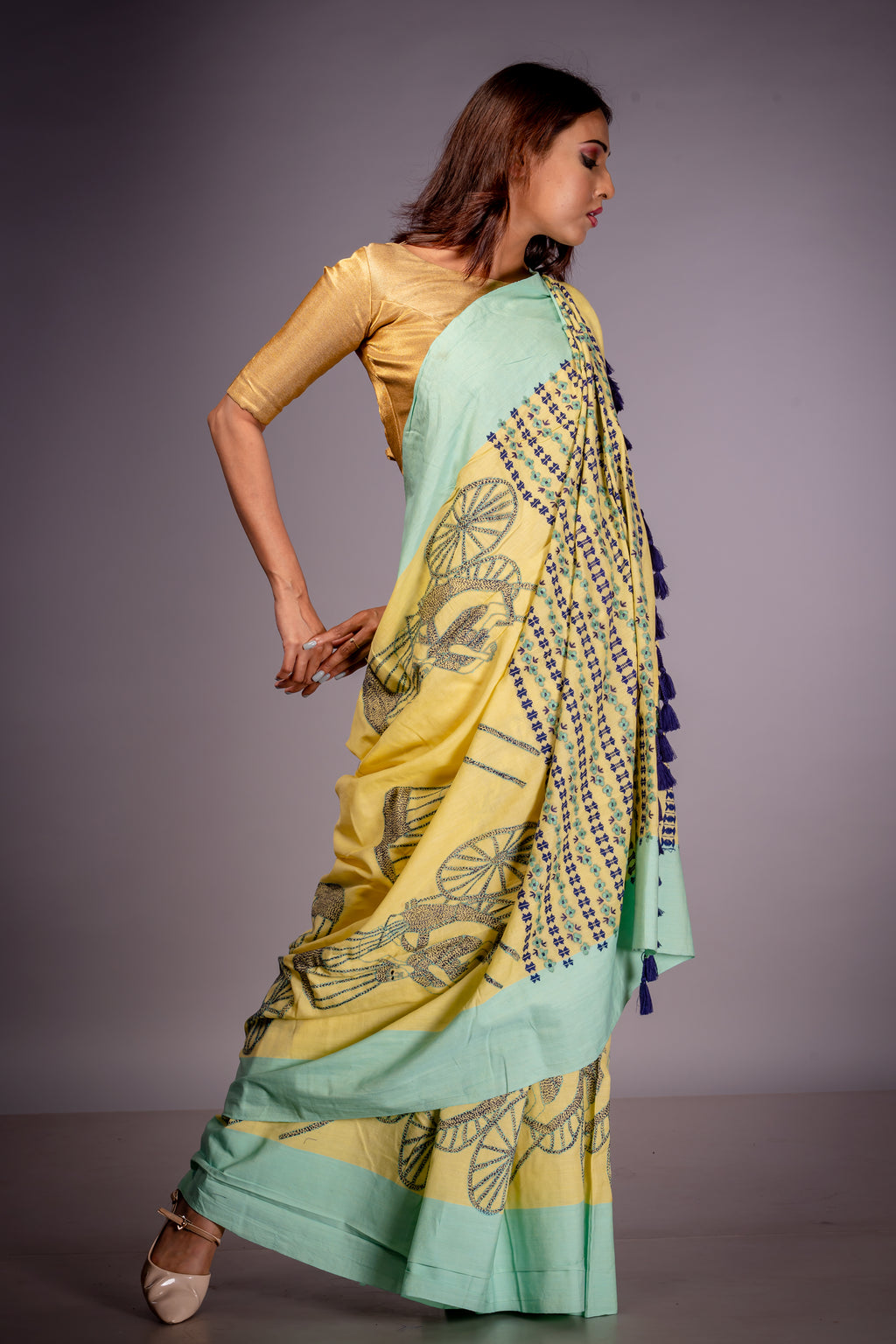 Handwoven Yellow Cotton Saree With Kantha Work