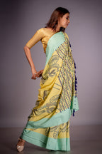 Handwoven Yellow Cotton Saree With Kantha Work