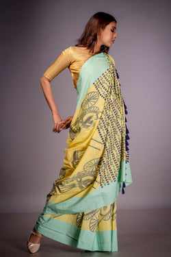 Handwoven yellow cotton saree with kantha work