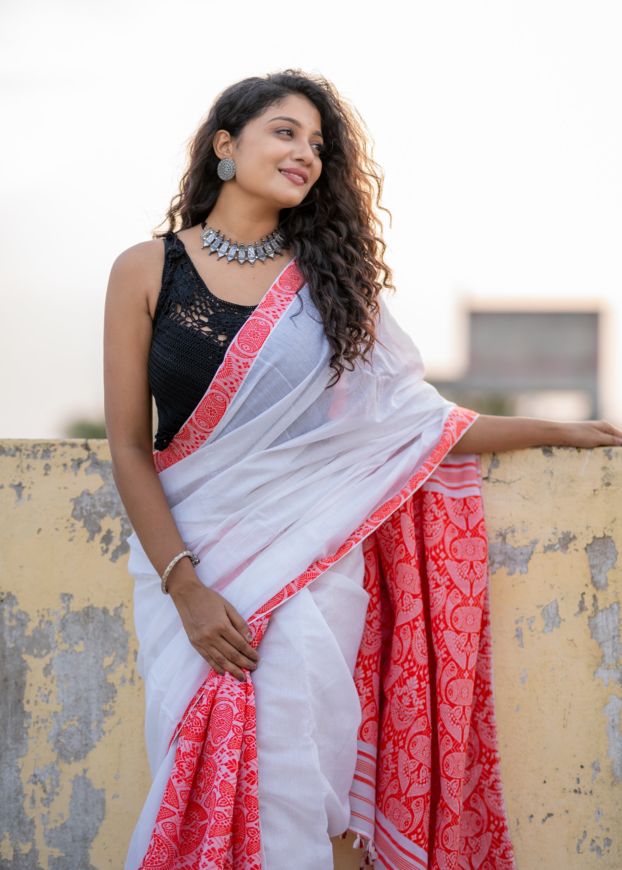 Handwoven White Assam Noni Saree