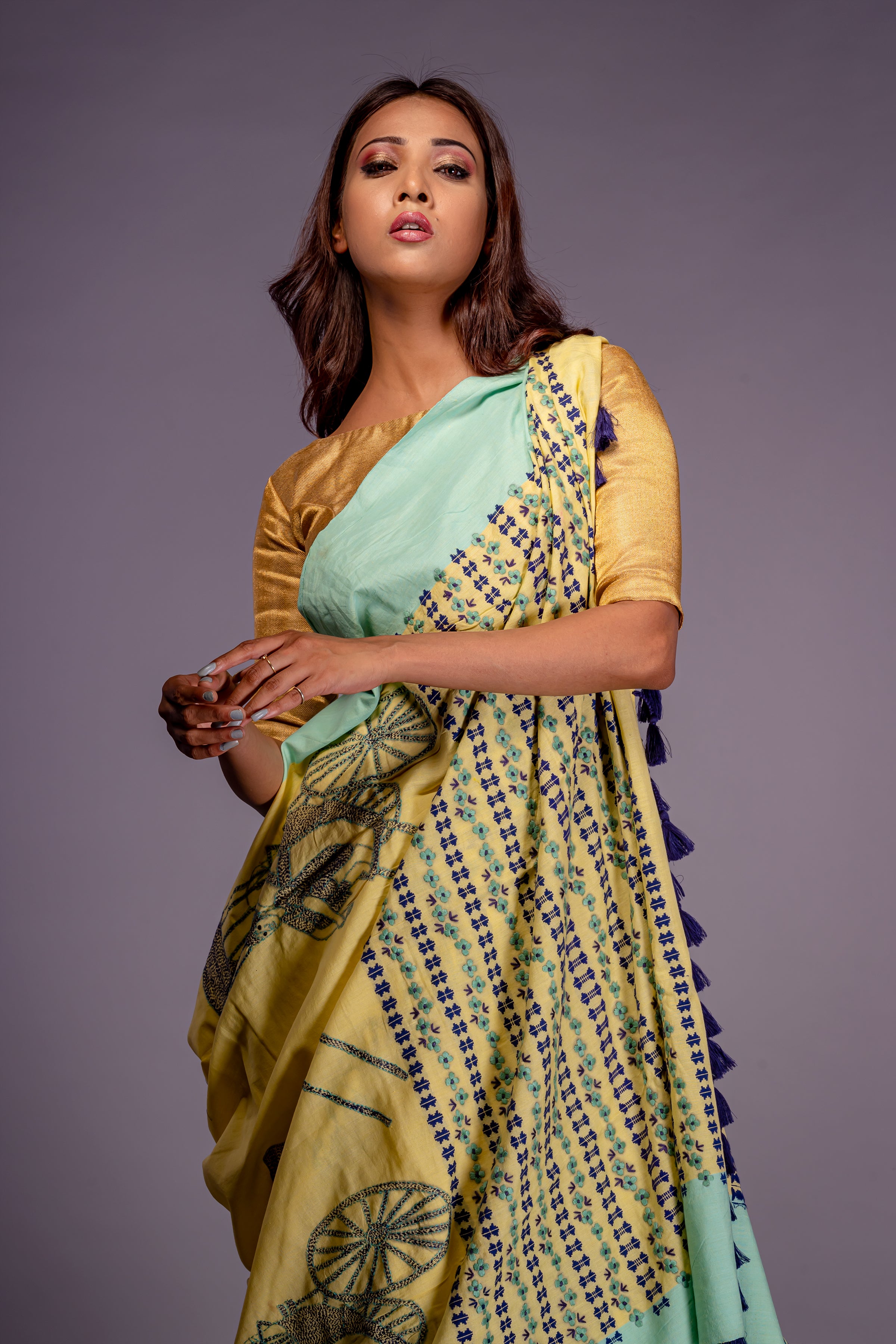 Handwoven yellow cotton saree with kantha work