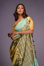 Handwoven Yellow Cotton Saree With Kantha Work