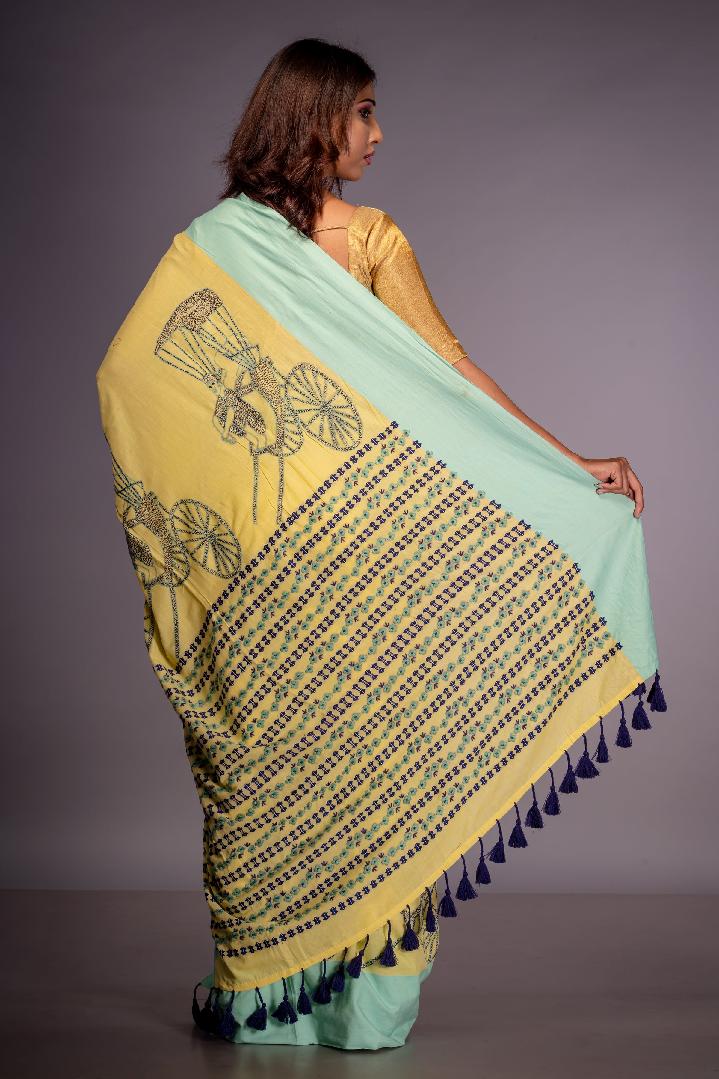 Handwoven yellow cotton saree with kantha work