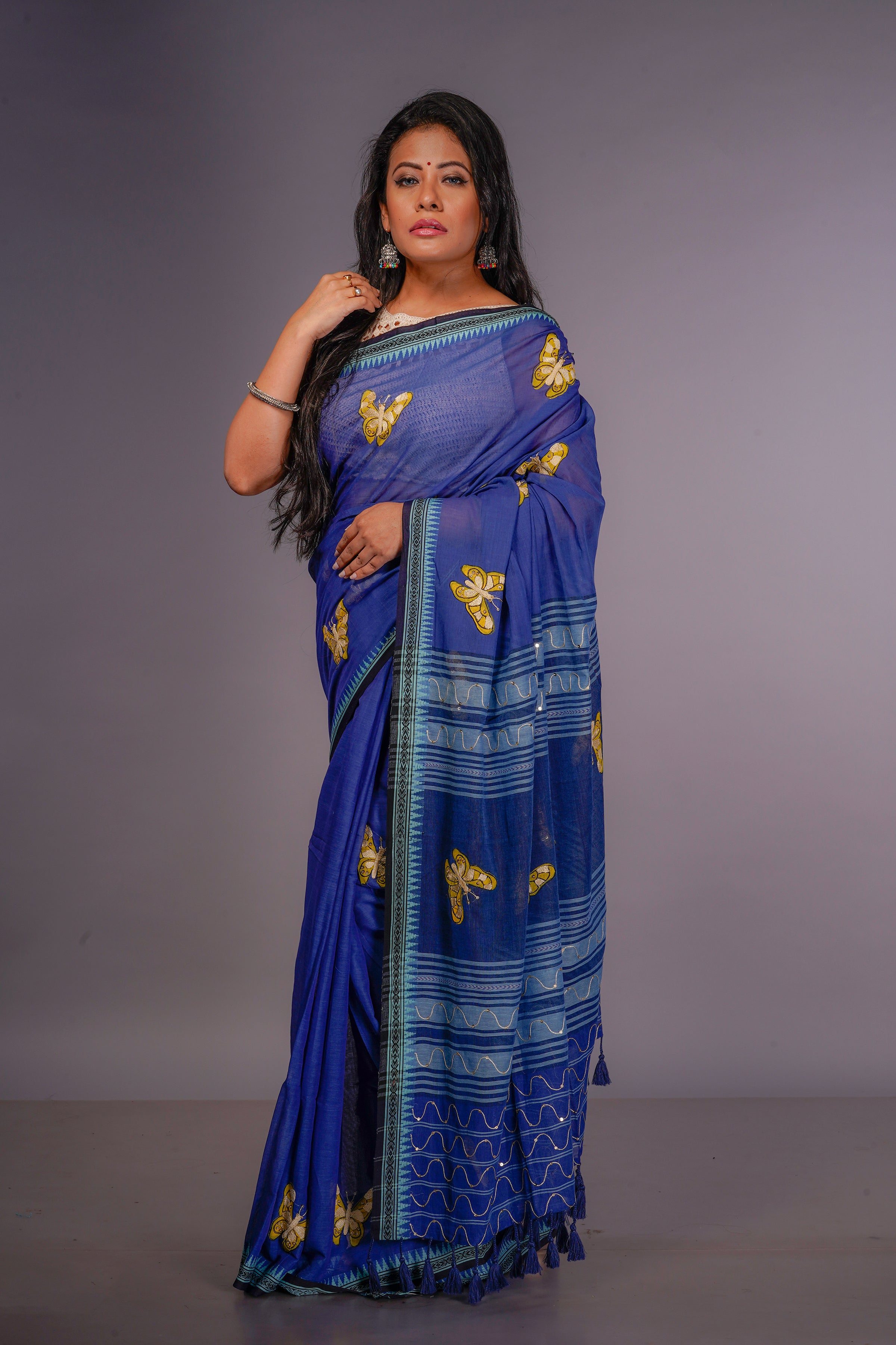 Handwoven Blue Cotton Saree With Kanta Work