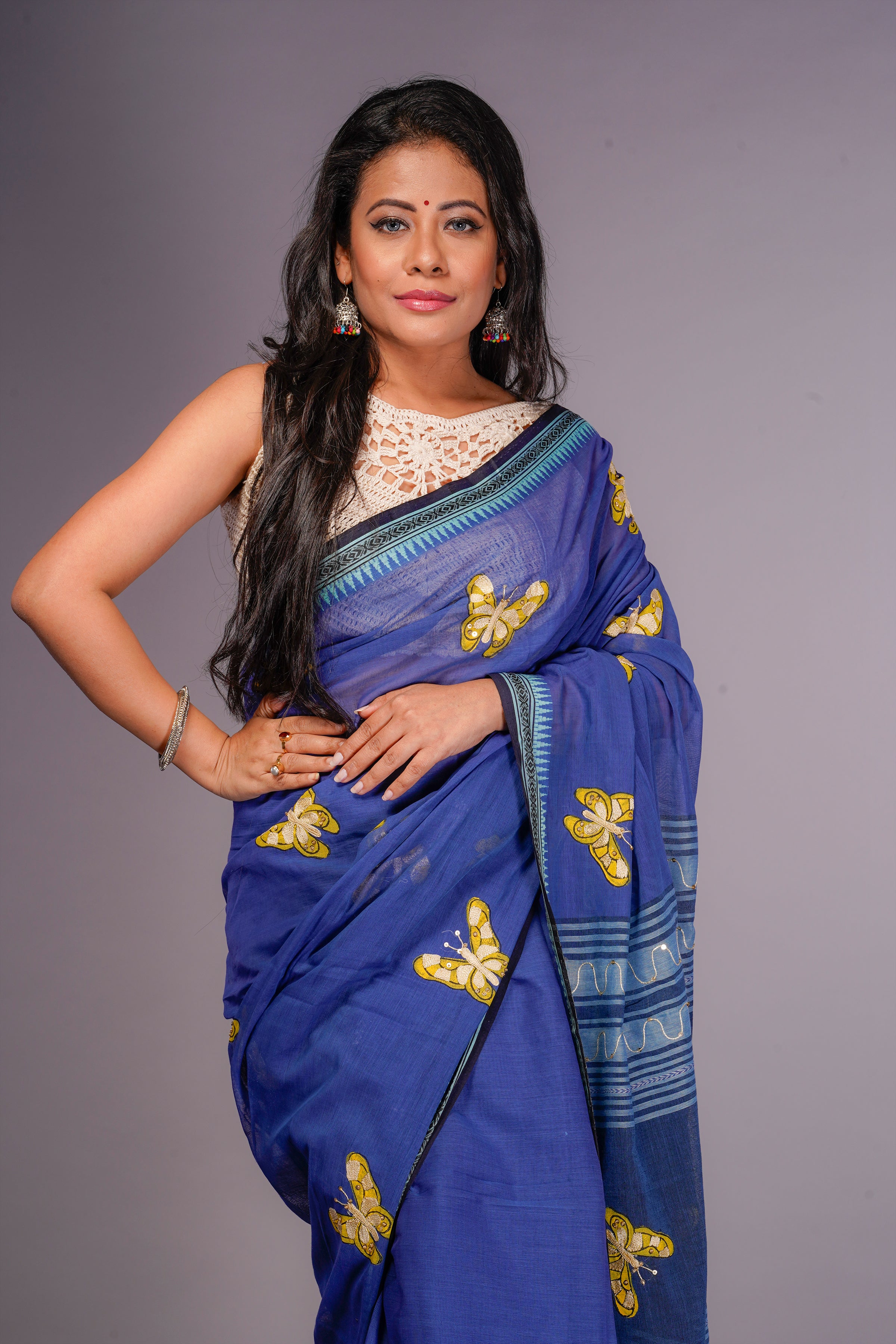 Handwoven blue cotton saree with kanta work