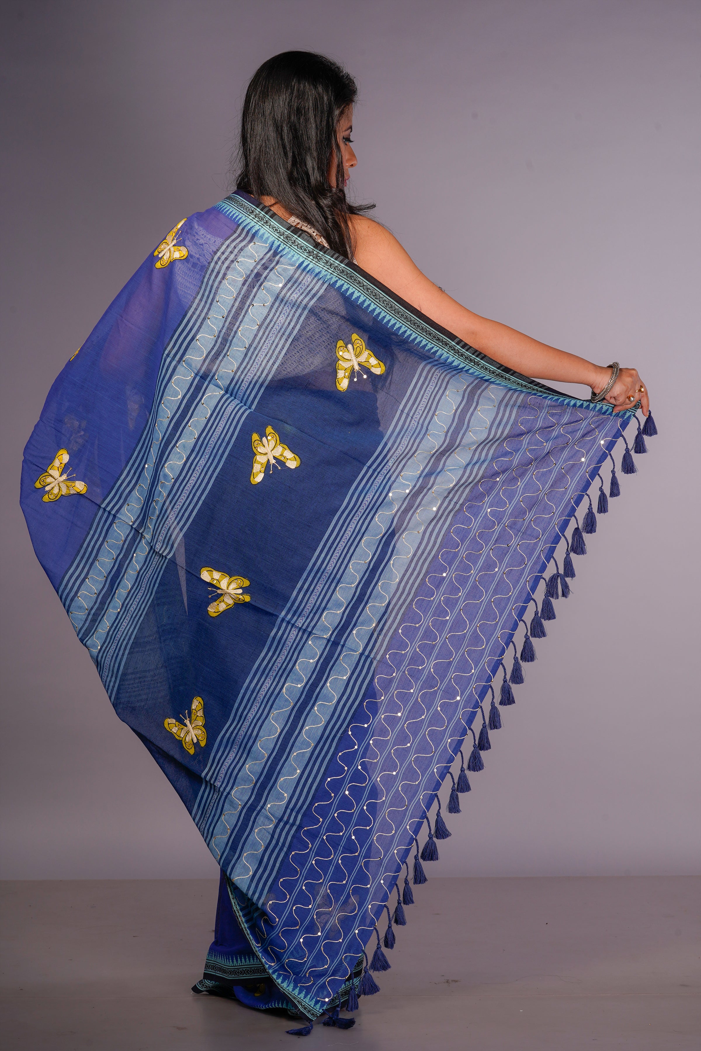 Handwoven blue cotton saree with kanta work