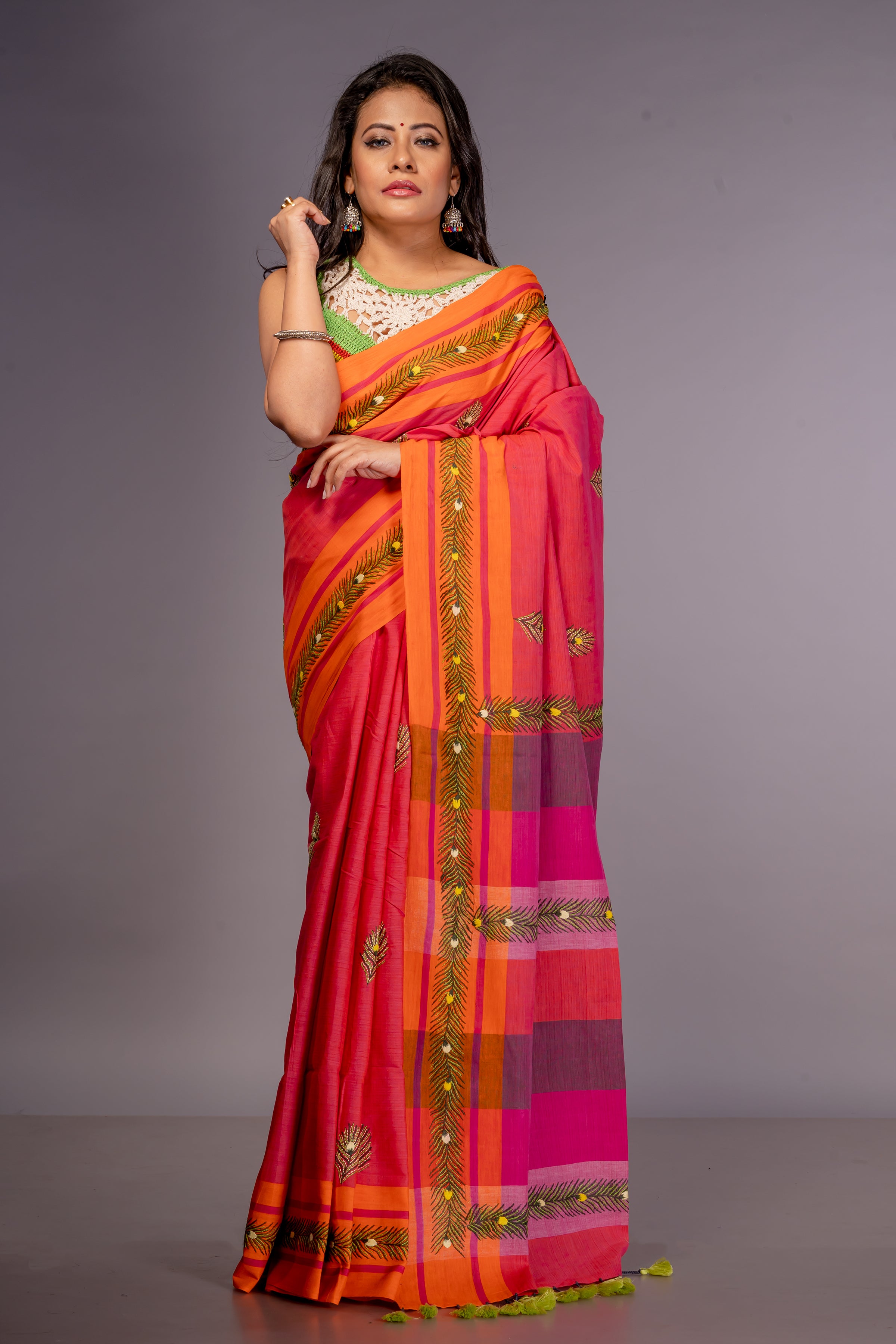 Handwoven cotton saree with kantha work