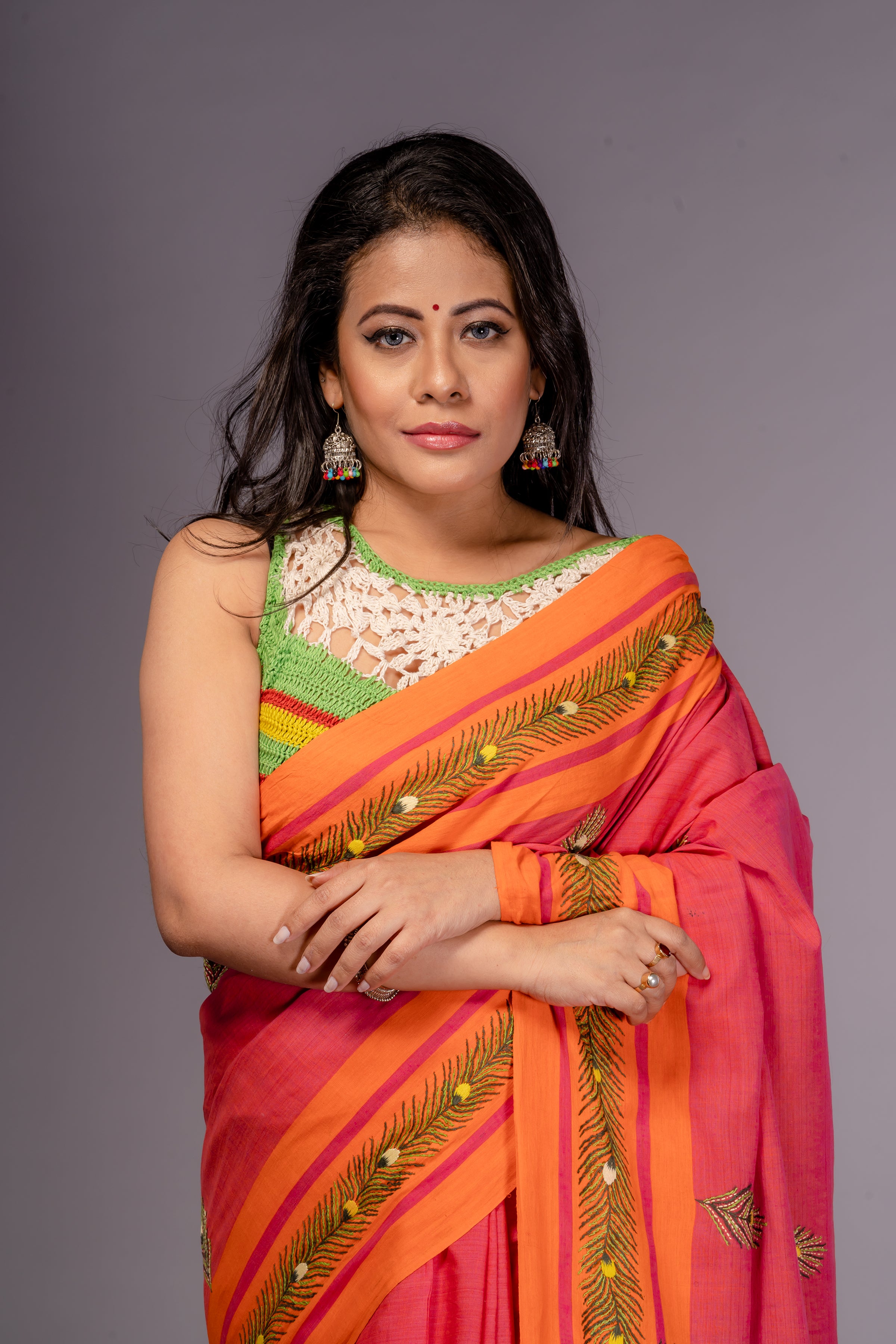 Handwoven Cotton Saree With Kantha Work
