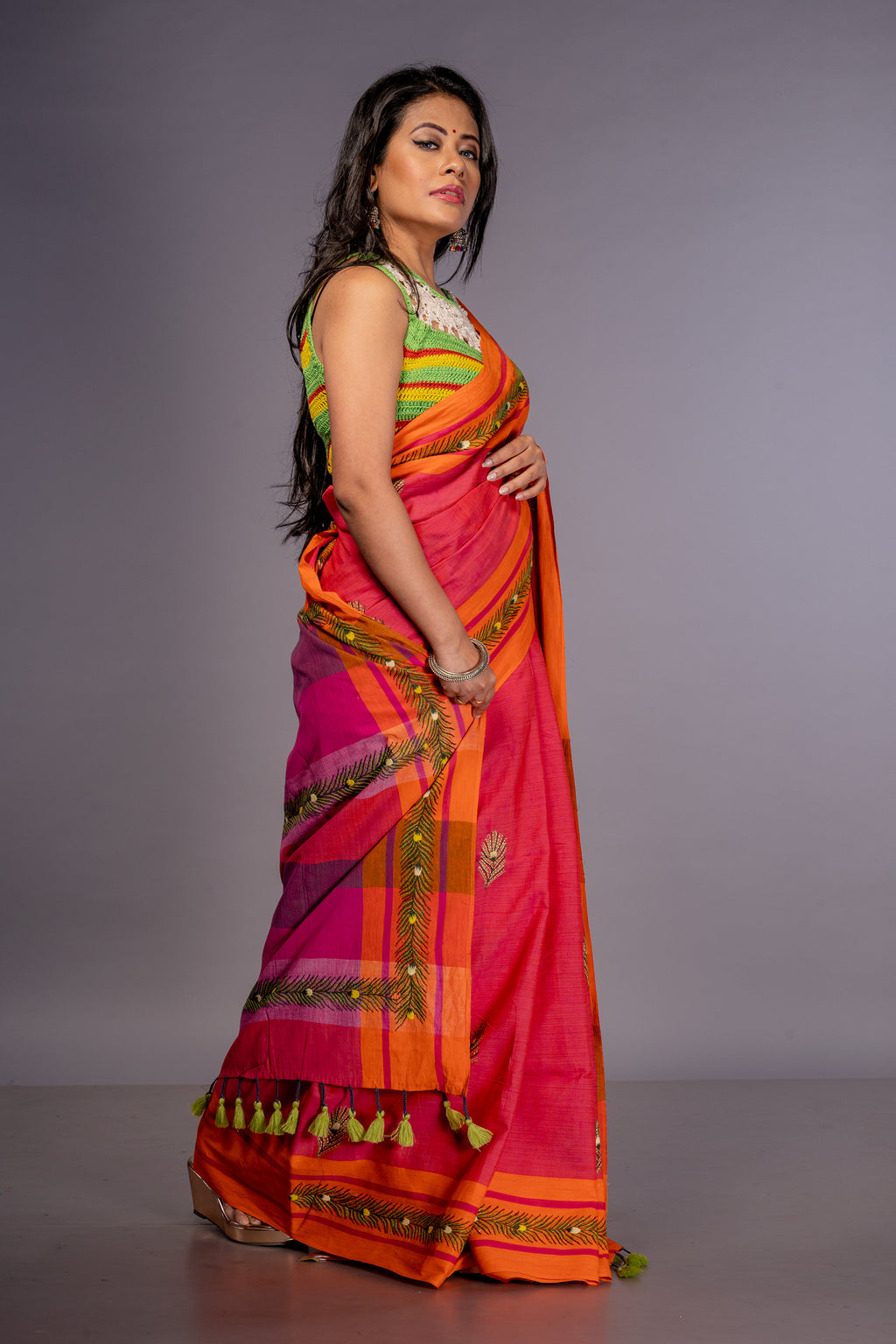 Handwoven Cotton Saree With Kantha Work