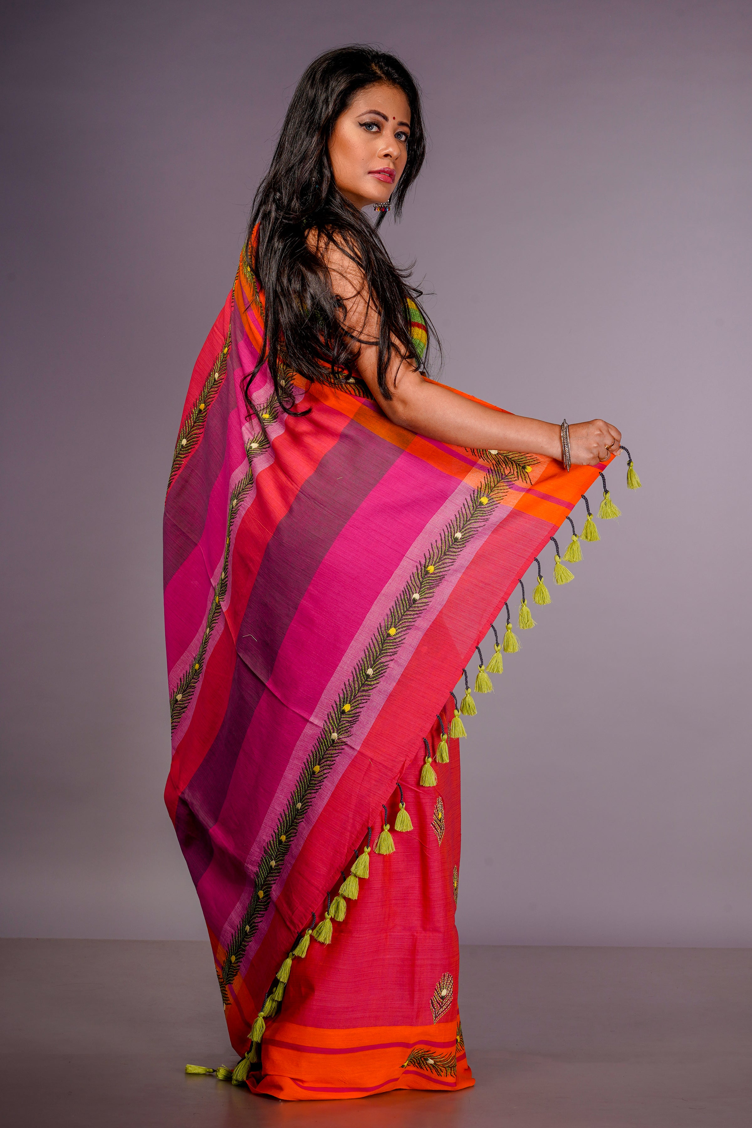 Handwoven cotton saree with kantha work