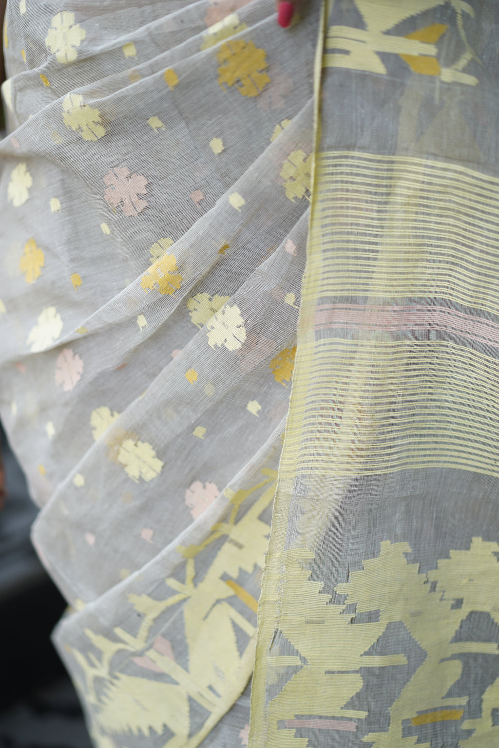 Handwoven White & Yellow Dhakai Jamdani Saree