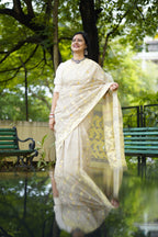 Handwoven White & Yellow Dhakai Jamdani Saree