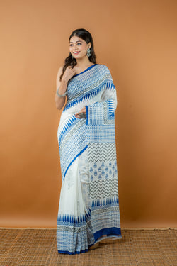 Handwoven White Printed Silk cotton saree