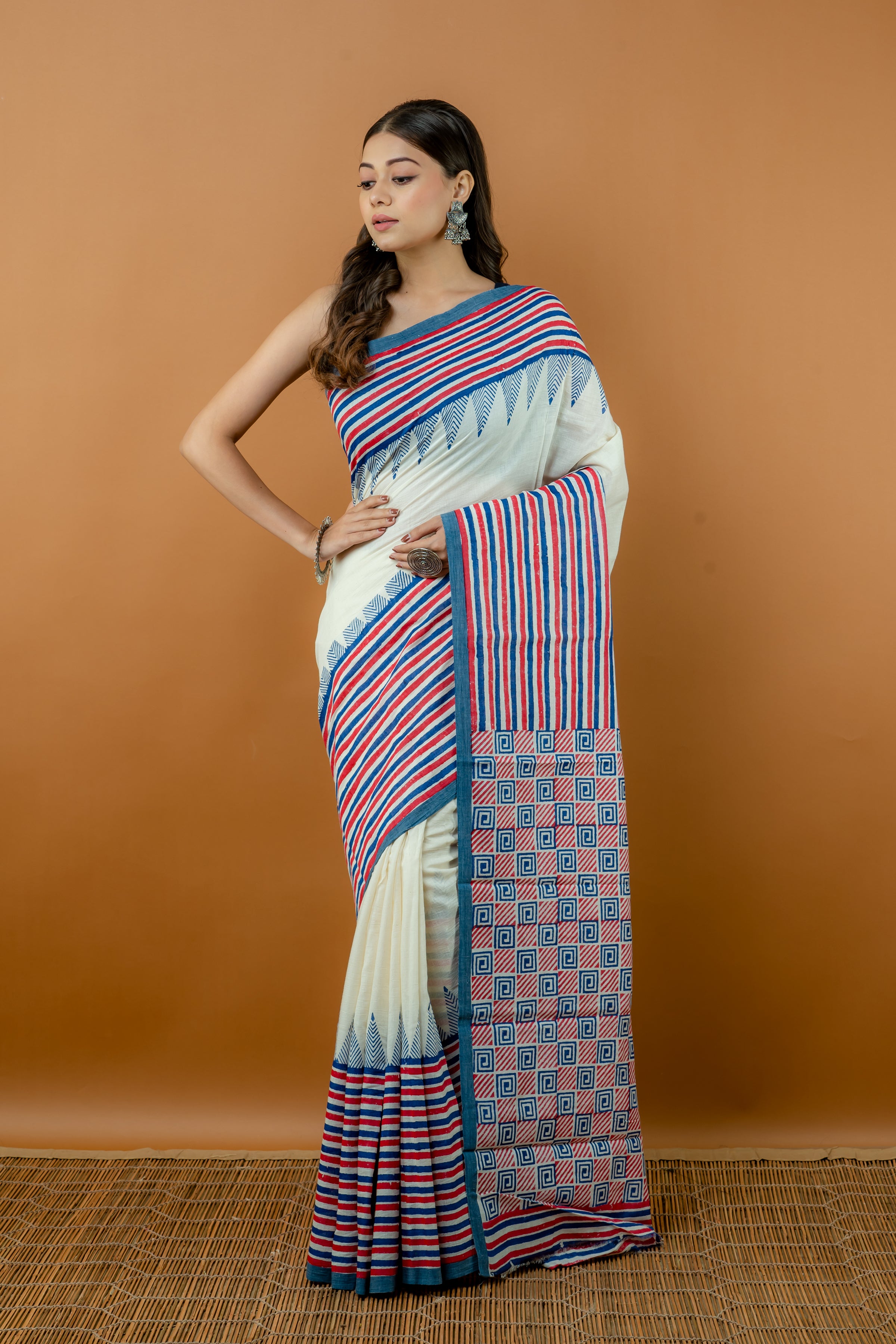 Handwoven Multi Color Block Printed Tussar Saree