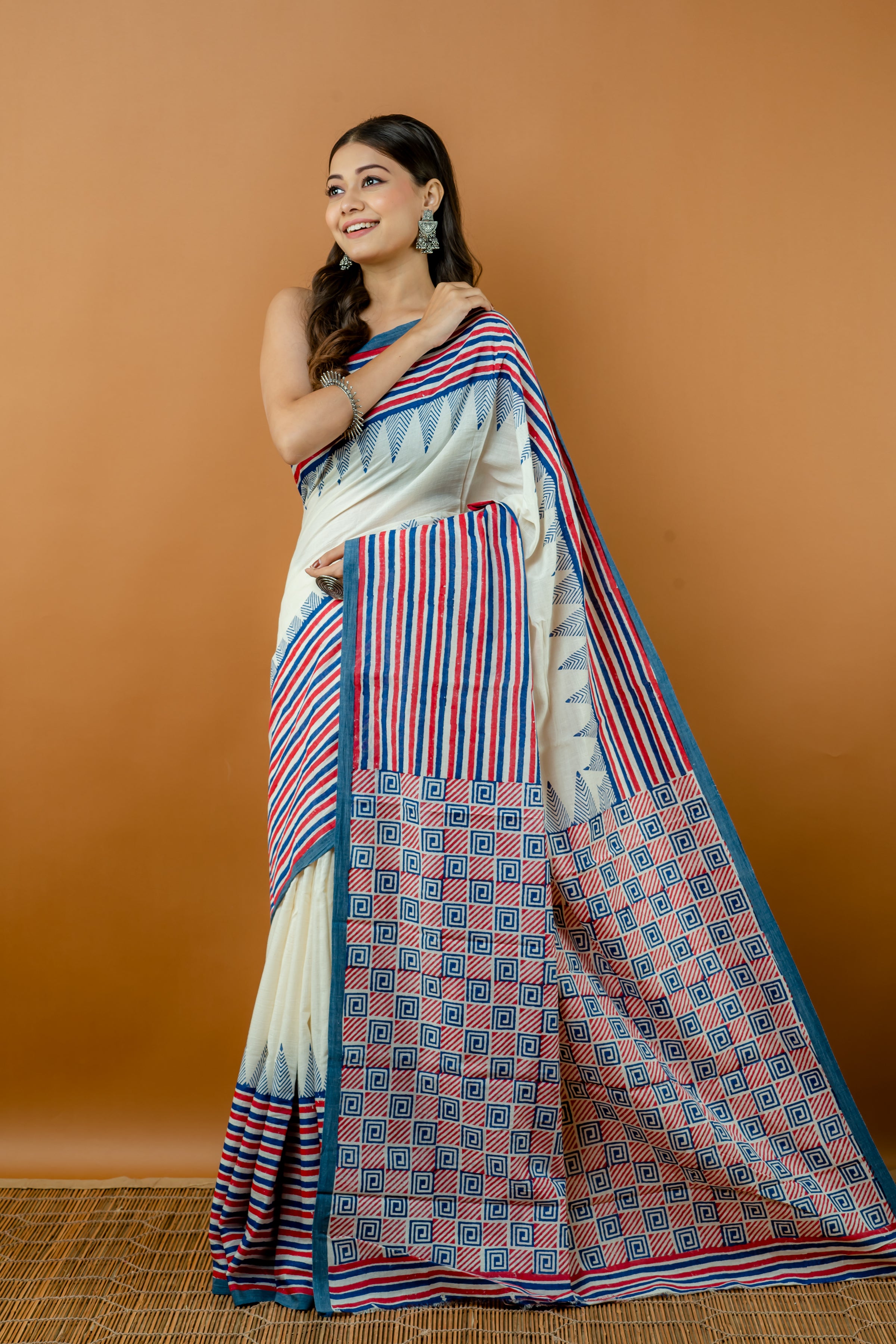 Handwoven Multi color Block printed Tussar Saree