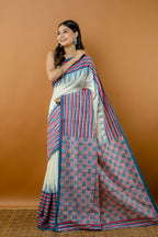 Handwoven Multi Color Block Printed Tussar Saree