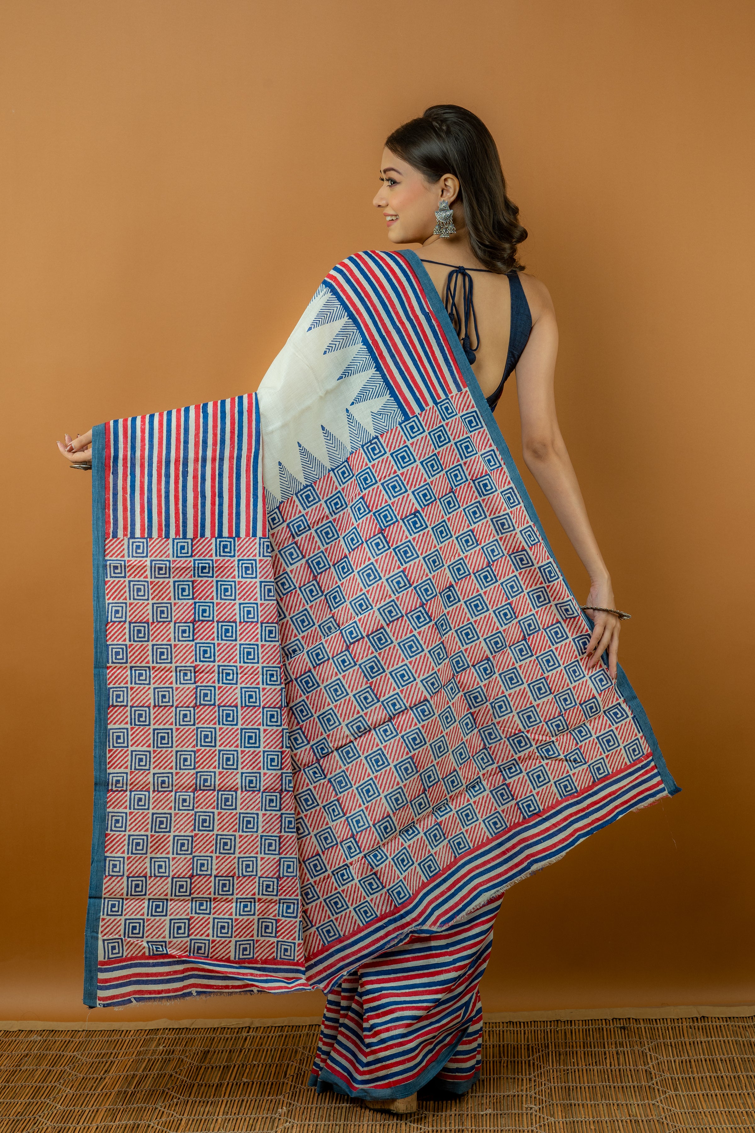 Handwoven Multi color Block printed Tussar Saree