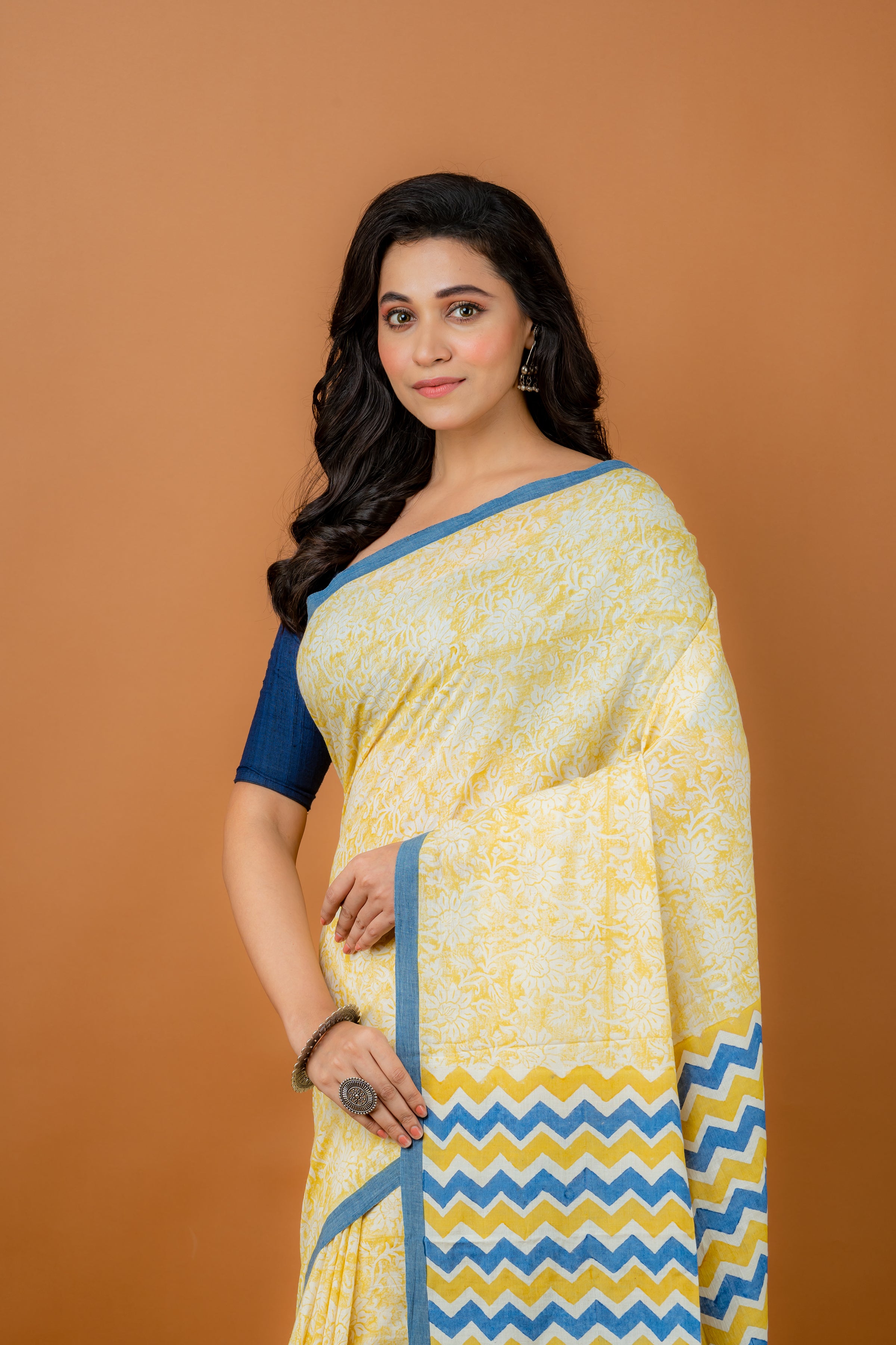 Handwoven Yellow Printed Tussar Saree