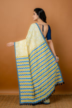 Handwoven Yellow Printed Tussar Saree
