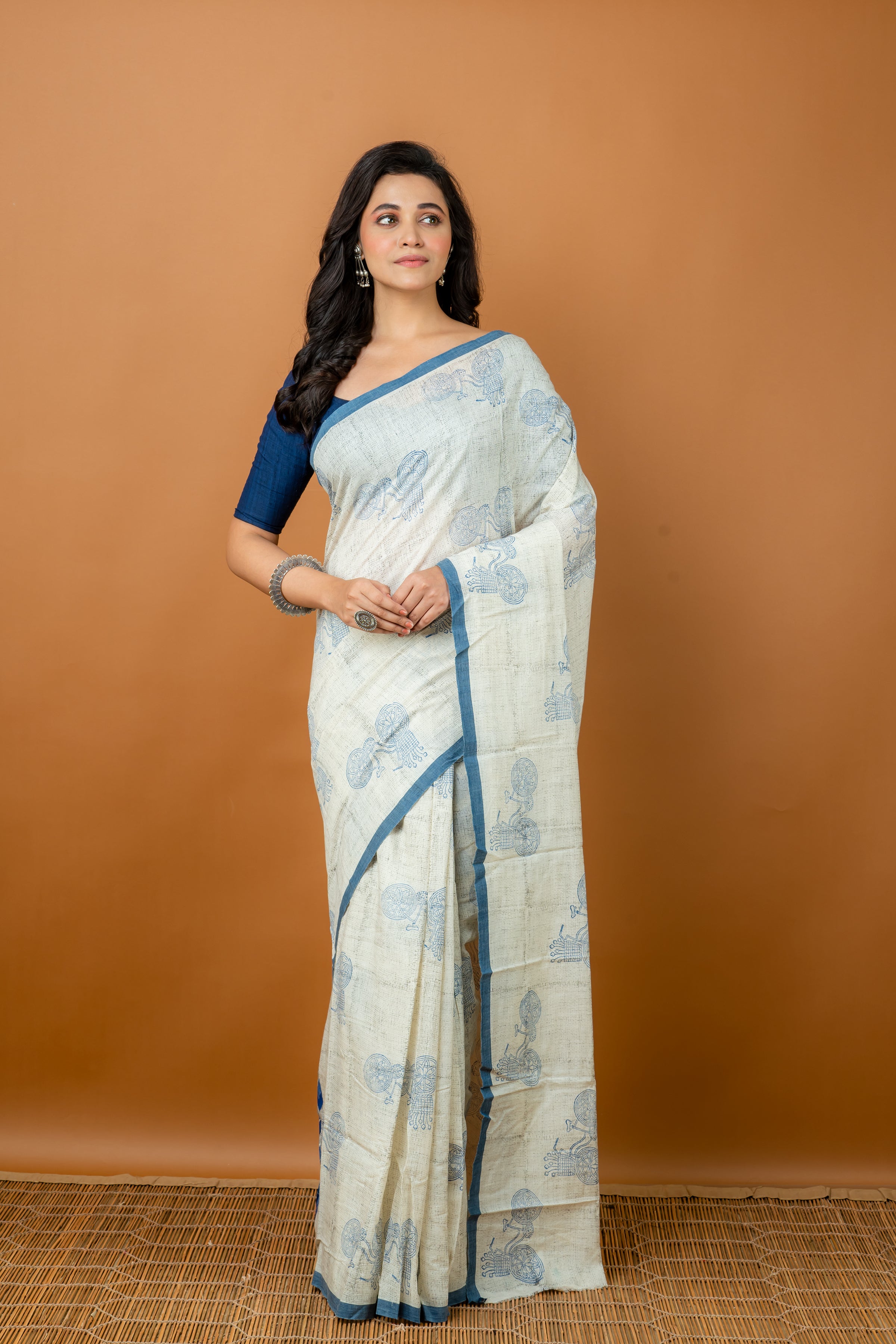 Handwoven White Hand block printed Tussar Saree