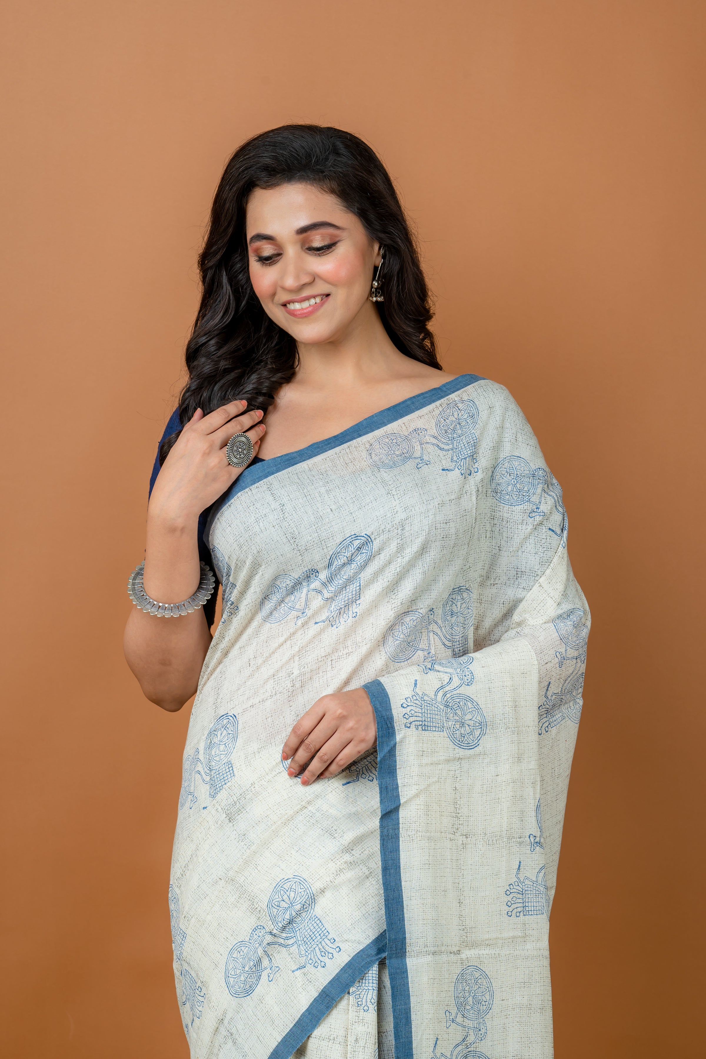 Handwoven White Hand block printed Tussar Saree