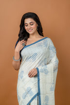Handwoven White Hand Block Printed Tussar Saree