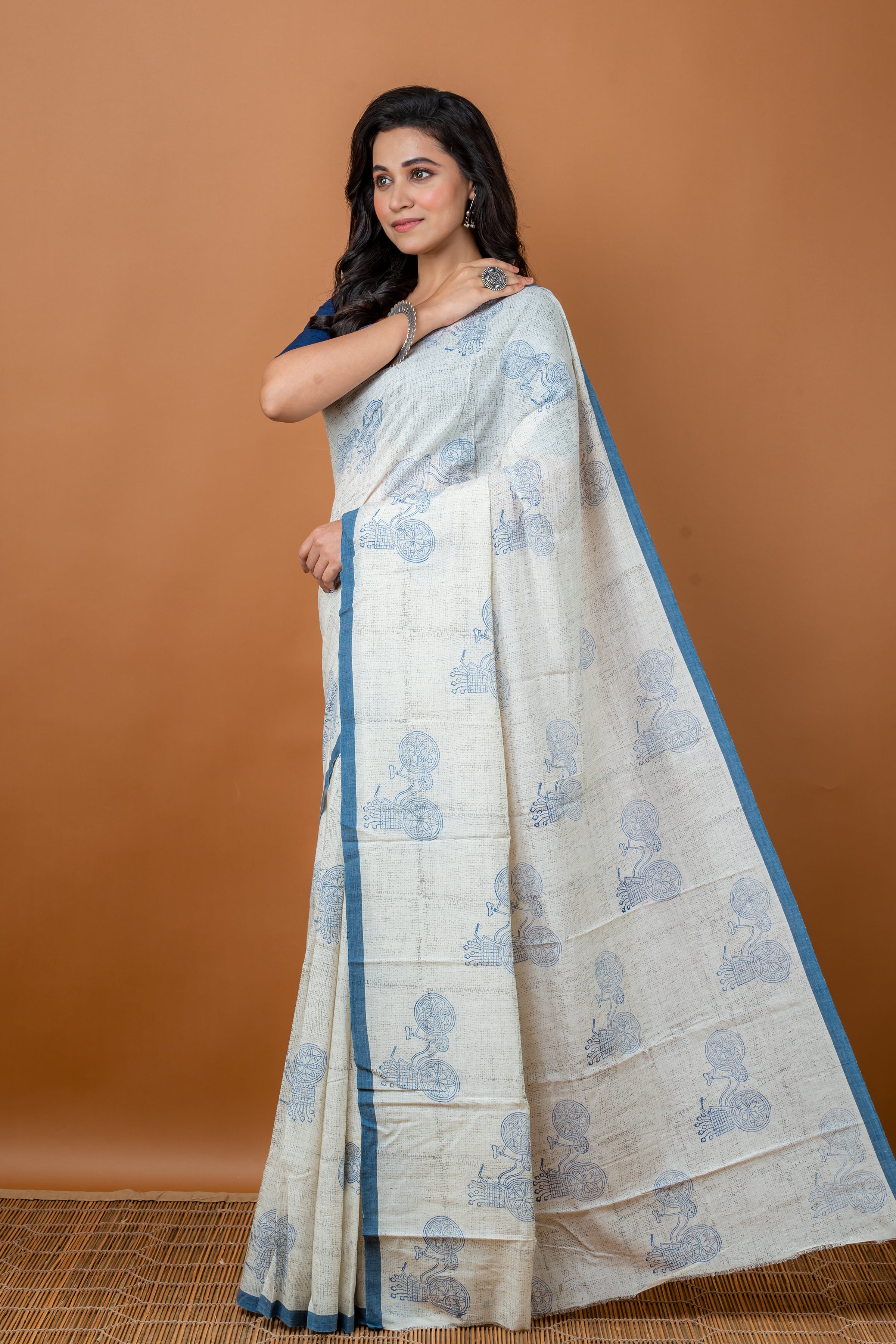 Handwoven White Hand block printed Tussar Saree