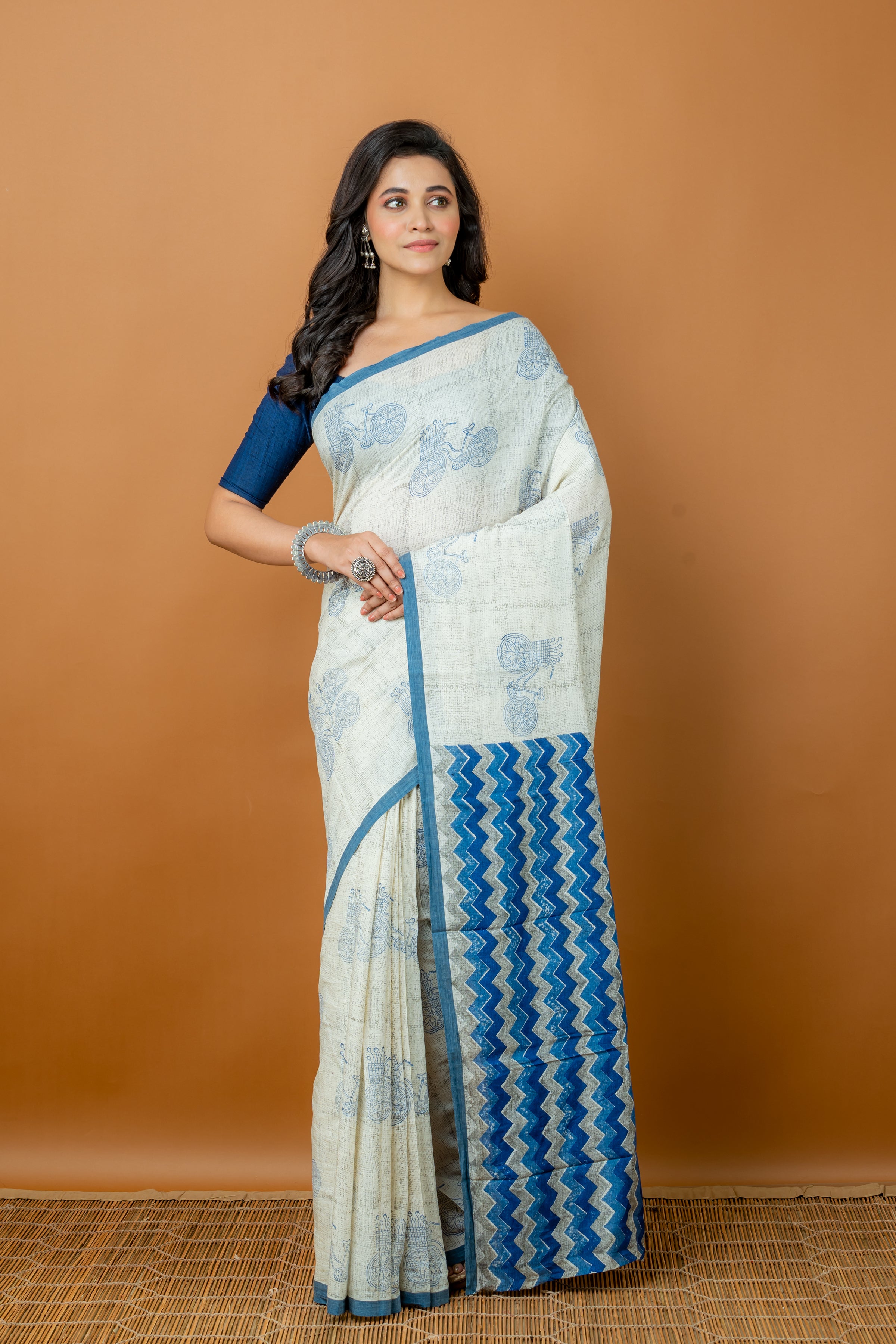 Handwoven White Hand block printed Tussar Saree