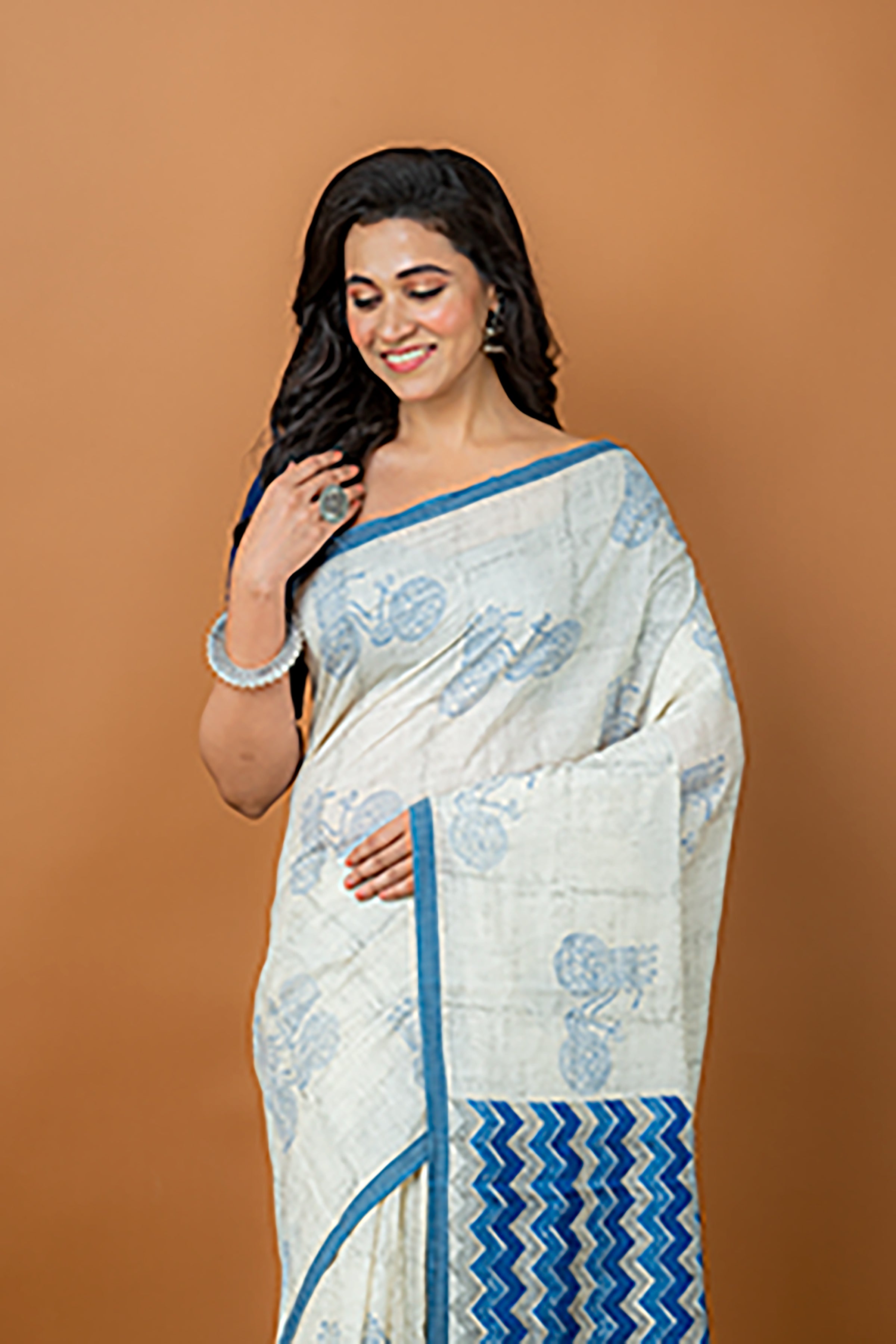 Handwoven White Hand block printed Tussar Saree